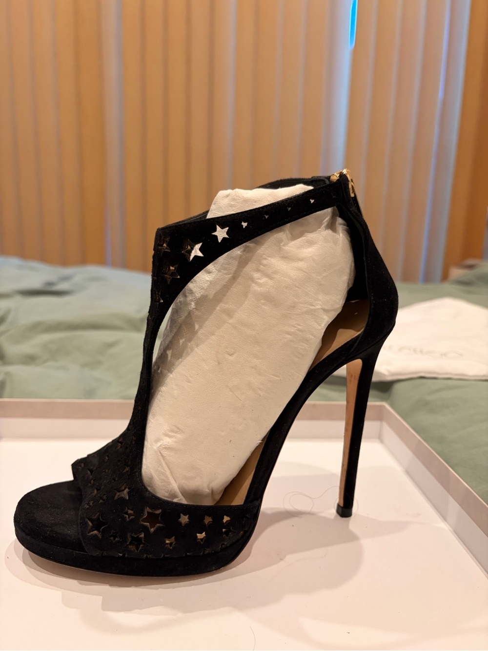 Jimmy Choo Black Star Cutout Suede T-Strap Stilettos - Picture 6 of 16